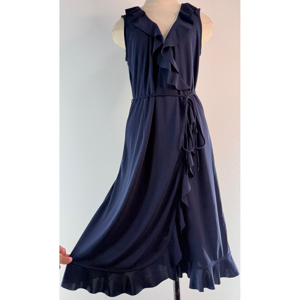 J.Crew Navy Blue Ruffle Trim Wrap Dress Sleeveless Feminine Preppy Chic Small
